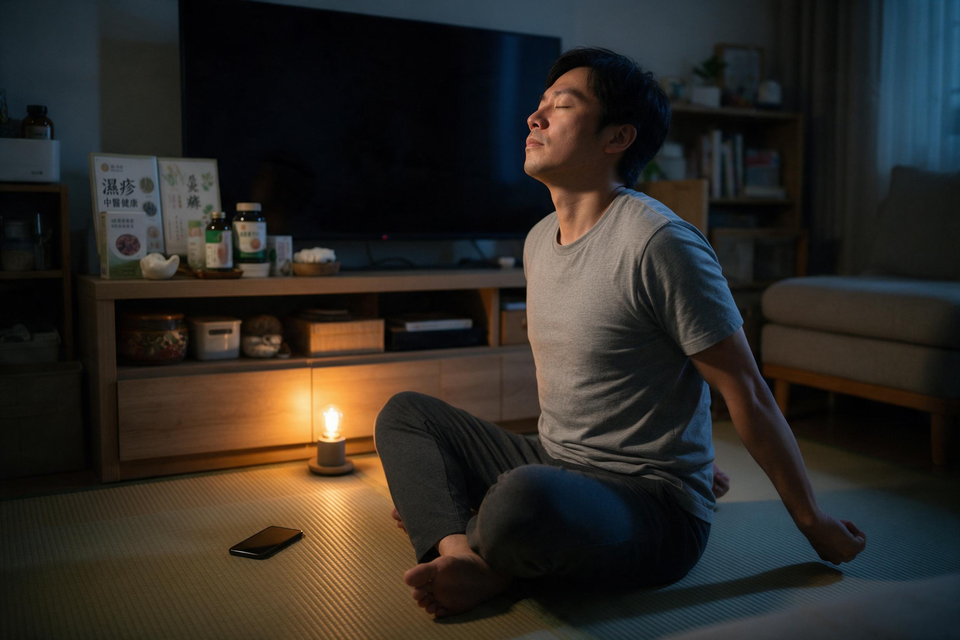 夜晚客廳中,一名上班族放下手機,坐在地墊上閉眼做深呼吸與伸展。