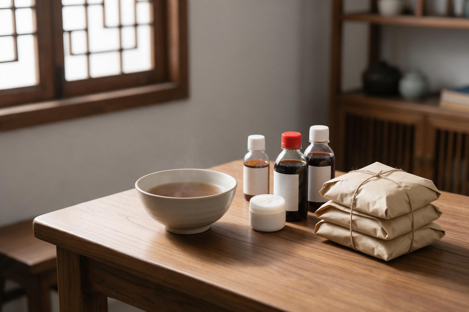 木桌上放着溫熱的藥湯、幾瓶外用洗液乳膏與一疊中藥包。