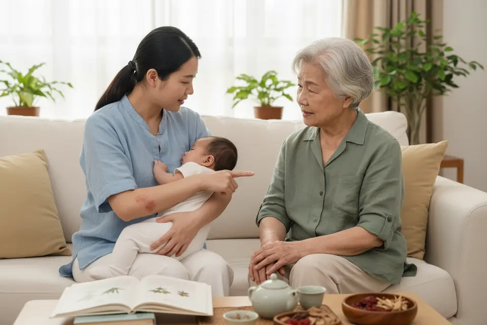 客廳裡媽媽抱著嬰兒,旁邊坐著白髮長者,三人都在看自己手臂上的皮膚。