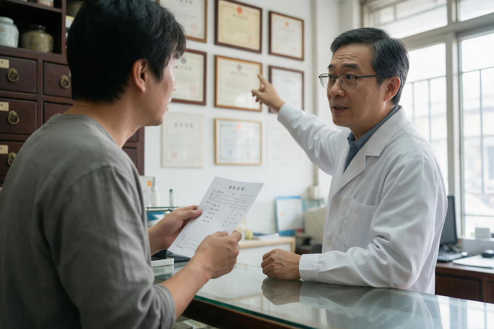 中醫診所櫃檯前,患者拿著藥單詢問,醫師指著牆上的證書,患者點頭傾聽。