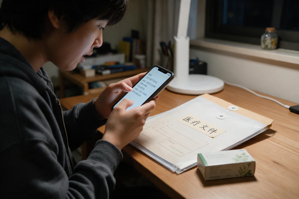 夜晚書桌前,一個人低頭看著手機輕聲念清單,桌上攤著就診要帶的文件袋。