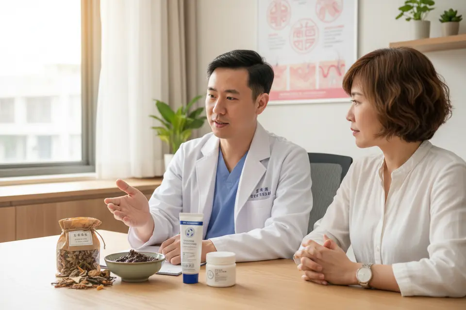 診間裡醫師將中藥與藥膏並排放桌上,向患者說明。