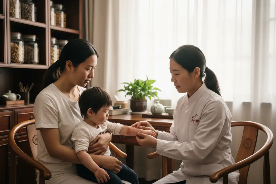 中醫師在診間為幼童診視手腕,母親抱着孩子坐在旁邊。