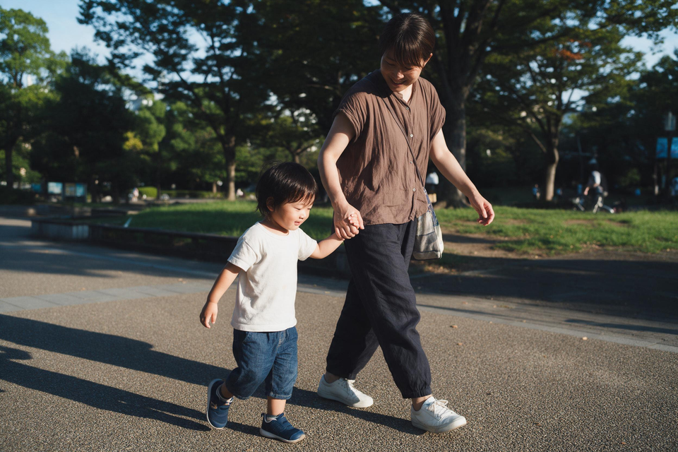 母親牽着孩子在公園散步,孩子穿短袖,手臂皮膚平滑。