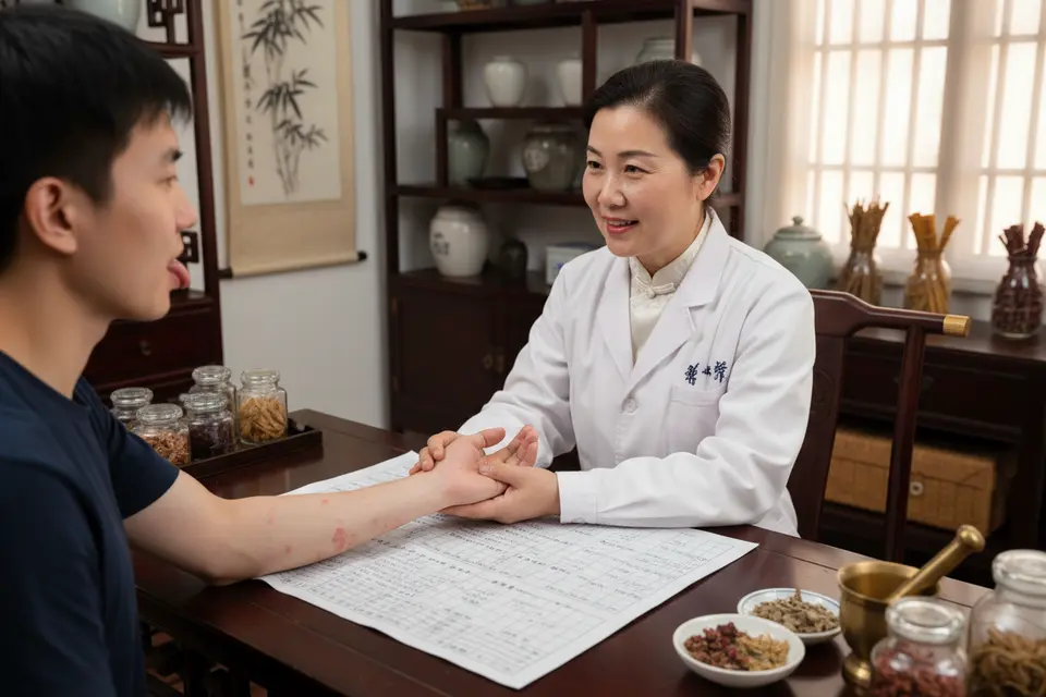 中醫師隔著診桌為患者把脈,另一手翻看病歷上的紀錄。