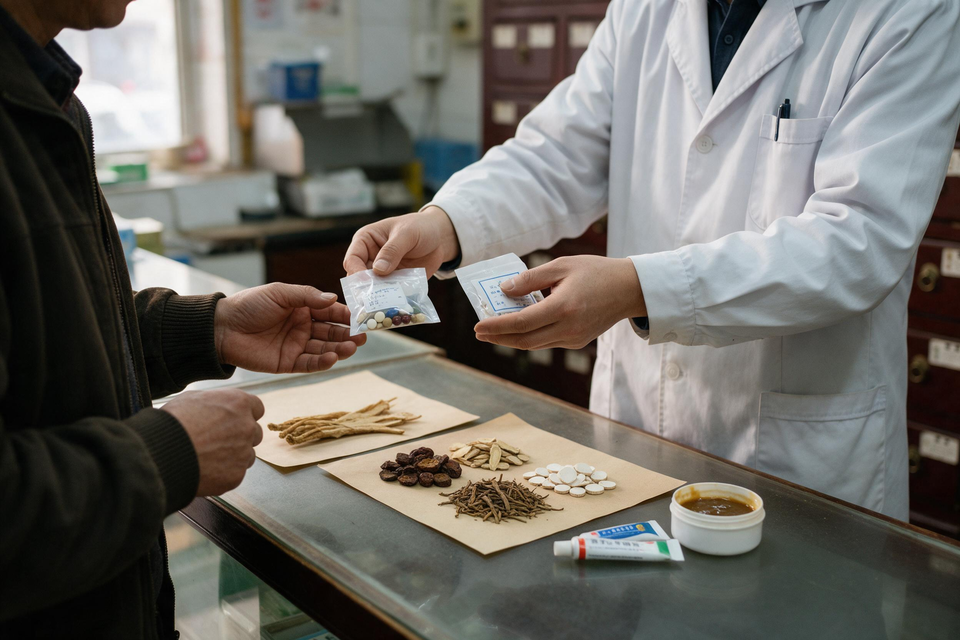 中藥房裡,醫師把分裝好的藥包遞給患者,桌上擺著幾味藥材。