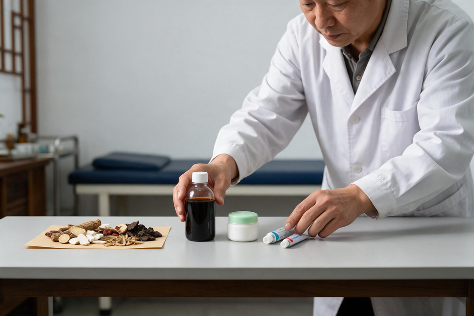 診療桌上並排著中藥材、洗液、乳膏與藥膏,中醫師正按次序整理。