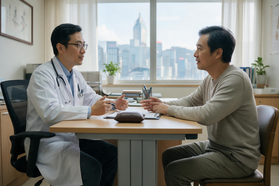 中醫診室內醫師與患者隔桌對坐交談,桌上有脈枕與病歷,窗外可見香港高樓。