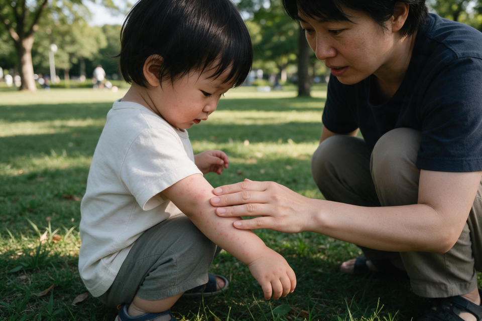 公園草地上,小童短袖下手臂有淡紅疹,家長蹲下輕撫其手臂。