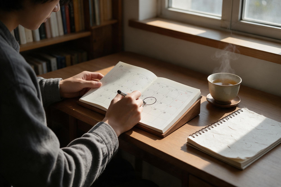書桌前有人翻開月曆並以筆圈起一格,旁邊擺著熱茶與筆記本。