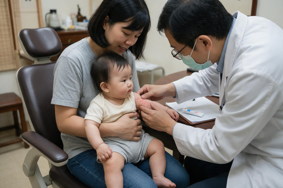 診室裡家長抱著嬰幼兒,醫師俯身查看孩子手臂上的紅疹。