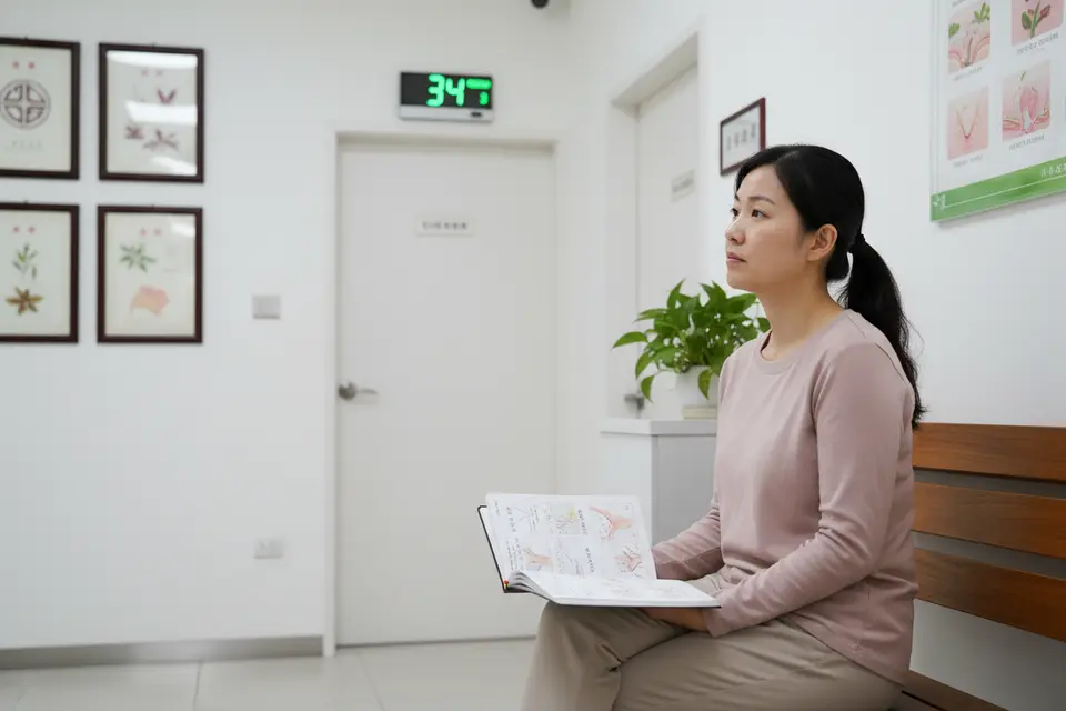 診所走廊長椅上,一名女士翻看紀錄並望向診間門口。