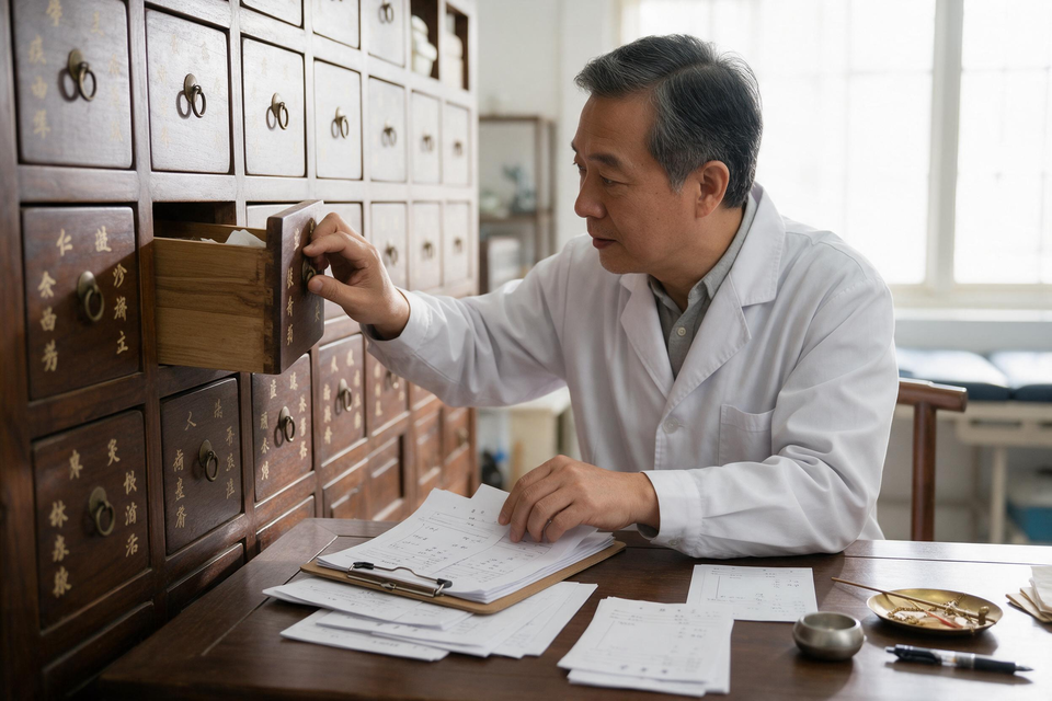 診間裡,一位中醫師整理藥材抽屜與病歷夾,準備看診。