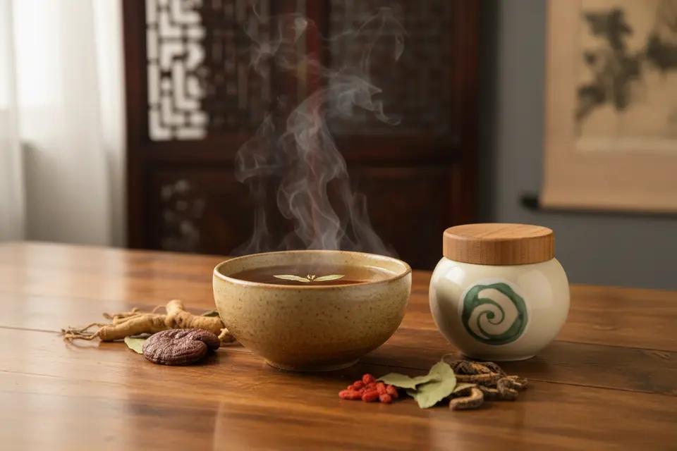 中醫診療桌上放著一碗中藥湯液與一罐藥膏,旁邊有乾燥的草本藥材。