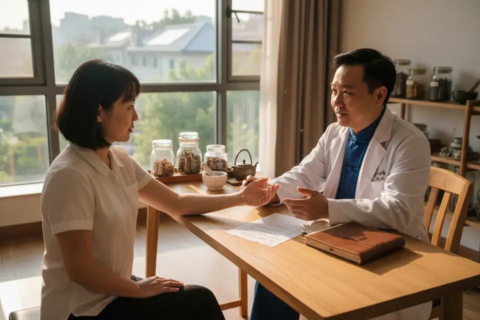 中醫師在社區診所診室為病人把脈,桌上放著病歷與藥方。