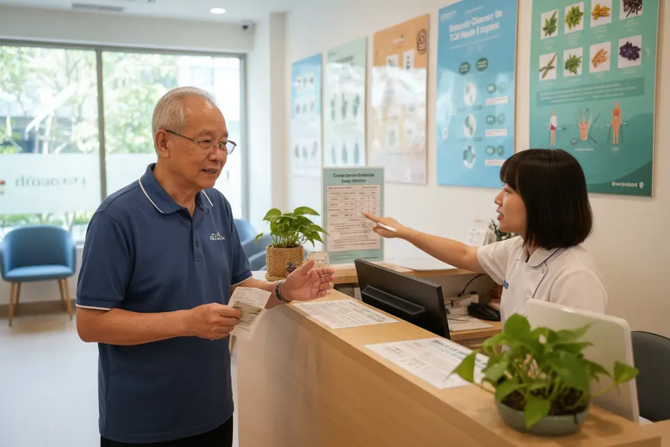 長者在診所櫃檯前向職員查詢收費與資助名額。