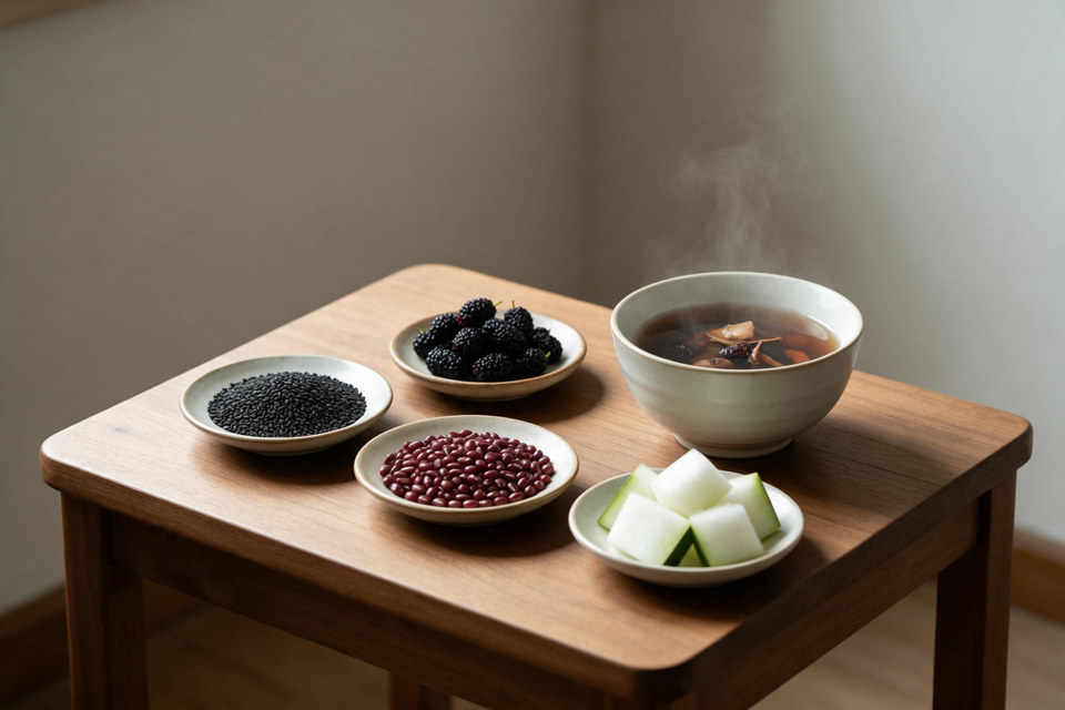 木桌上擺著黑芝麻、桑椹與赤小豆等食材,旁邊一碗冒著熱氣的湯藥。