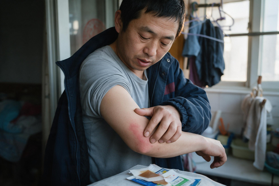 清晨時分,一名剛下班的輪班工作者站在家門口,低頭檢視手肘內側的紅痕。