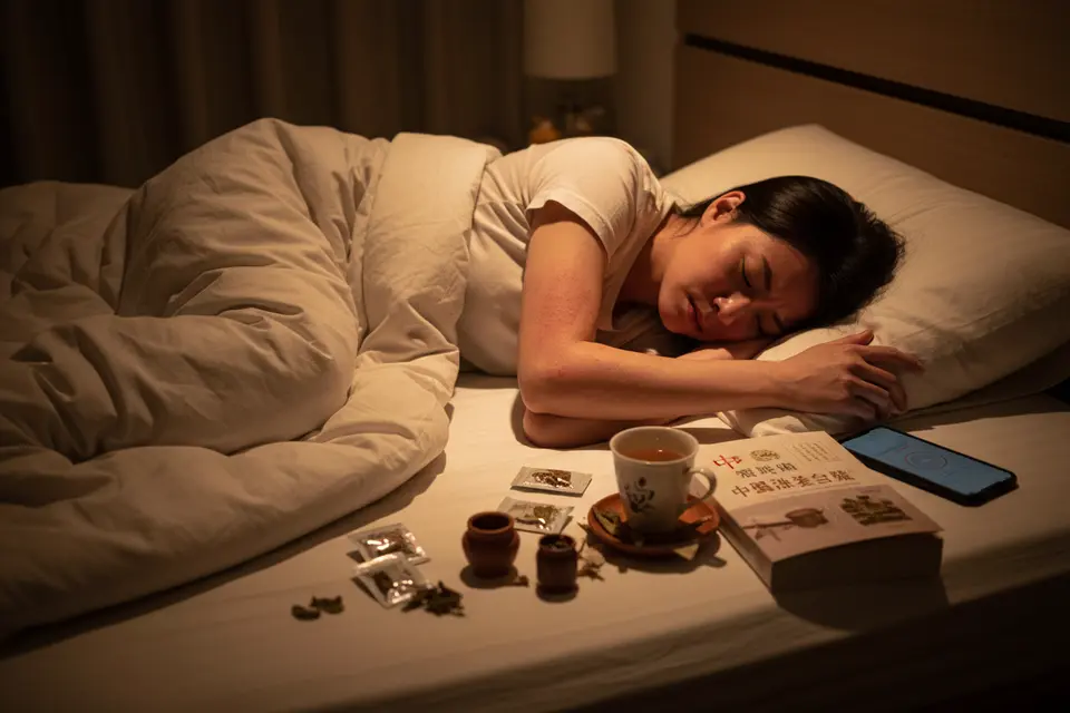 深夜房間裡,輪班工作者躺在床上輾轉翻身,被子掀到一旁,手臂皮膚乾燥泛紅。