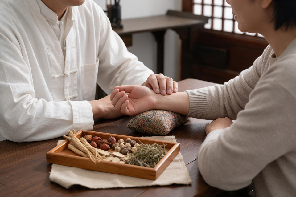 中醫師在診間為患者把脈,桌上放著中藥材與脈枕。
