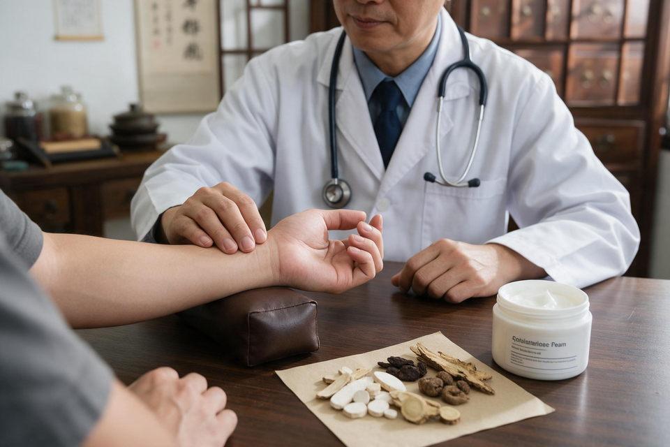 中醫診間裡,中醫師為病人把脈,桌上擺著藥材與一罐保濕乳膏。