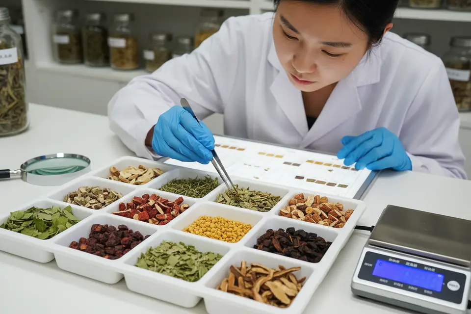 檢測台上一格格中藥材排開，研究人員拿著放大鏡俯身比對。