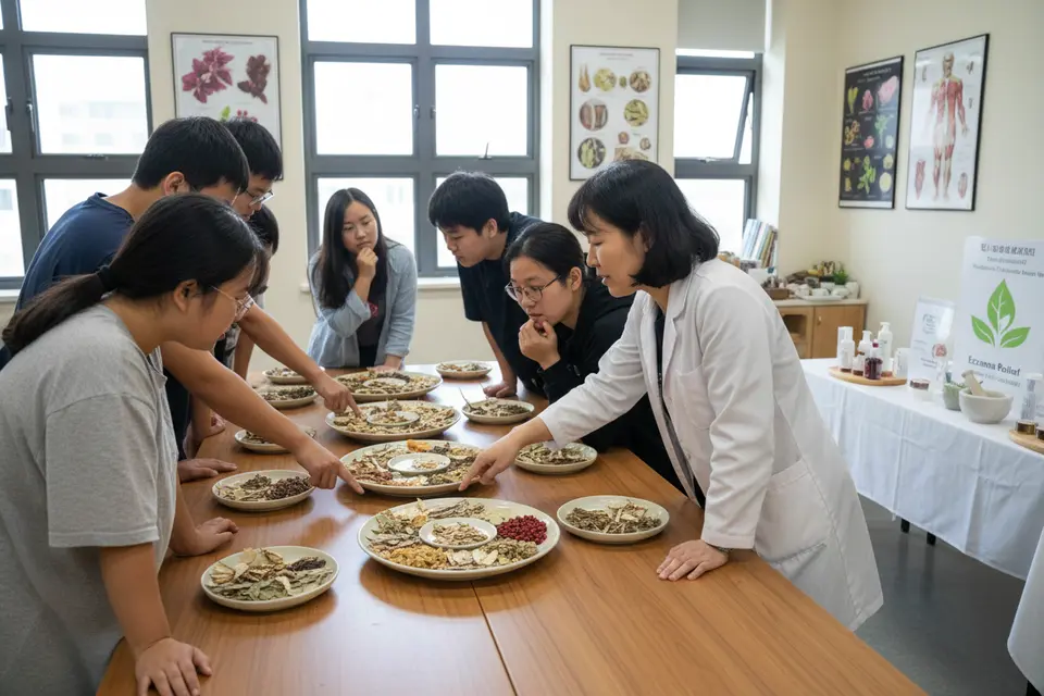 教室裡幾位學生圍著長桌辨認盤中藥材，老師從旁指點。