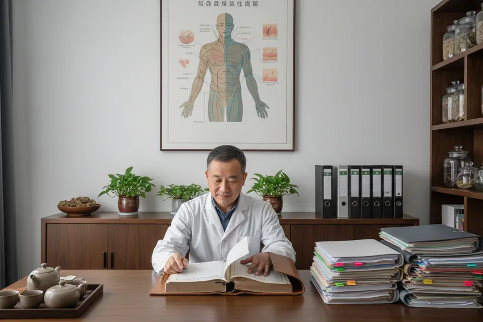 中醫師坐在診桌前翻看病歷,桌邊疊著多份紀錄,牆上掛著皮膚圖。