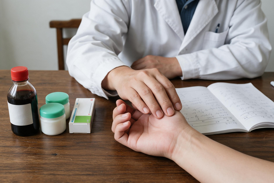 中醫師按著病人手腕把脈,桌上擺著洗液、乳膏與攤開的處方紙。