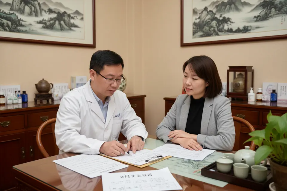 醫師與求診者隔桌對坐,指著桌上的追蹤紀錄說明,對方點頭聆聽。