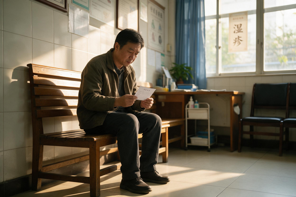 社區中醫診所候診區裡,中年求診者坐在長椅上低頭看掛號單,陽光從窗邊照入。