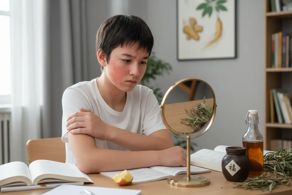 一名中學生坐在書桌前按着手肘內側的紅疹,鏡子映出臉頰與頸側的紅斑。