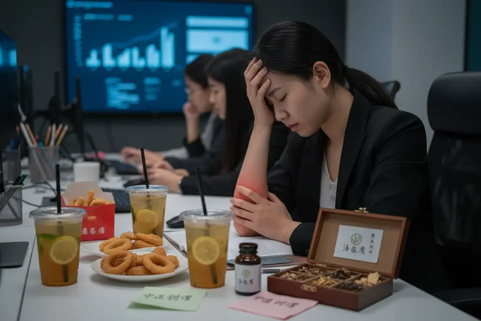 傍晚辦公室裡,上班族坐在堆滿外賣盒的桌前,輕按手肘內側泛紅的皮膚。