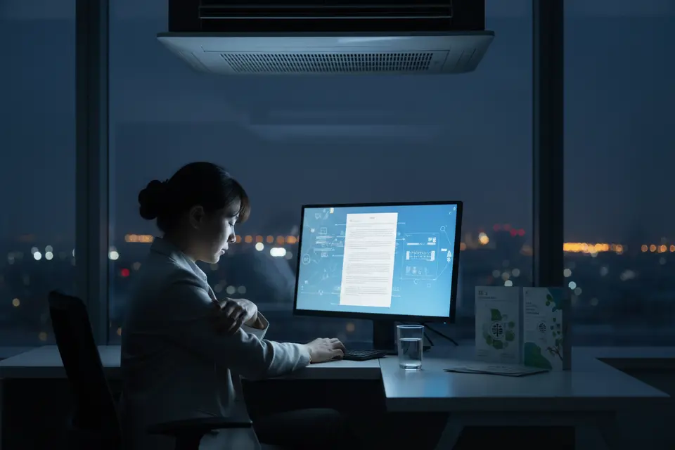 辦公室內,上班族把椅子移離冷氣出風口,桌上一杯水,窗外已入夜。