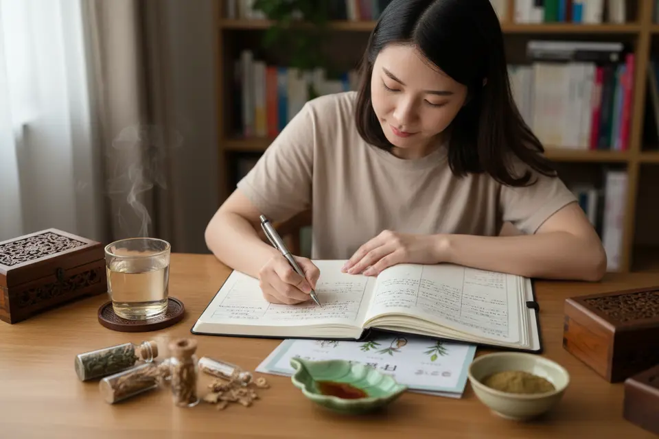 一個人在書桌前翻看筆記,紙上分欄寫著作息與飲食的記錄,手邊放著一杯水。