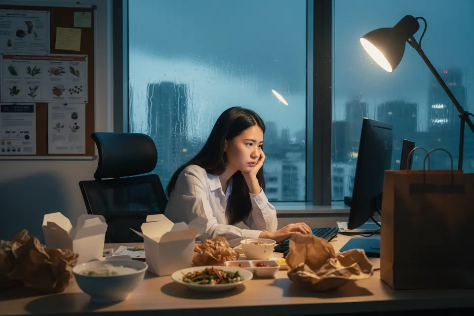 深夜辦公室裡,男子對着電腦加班,桌上是吃了一半的外賣盒,窗外正下着雨。