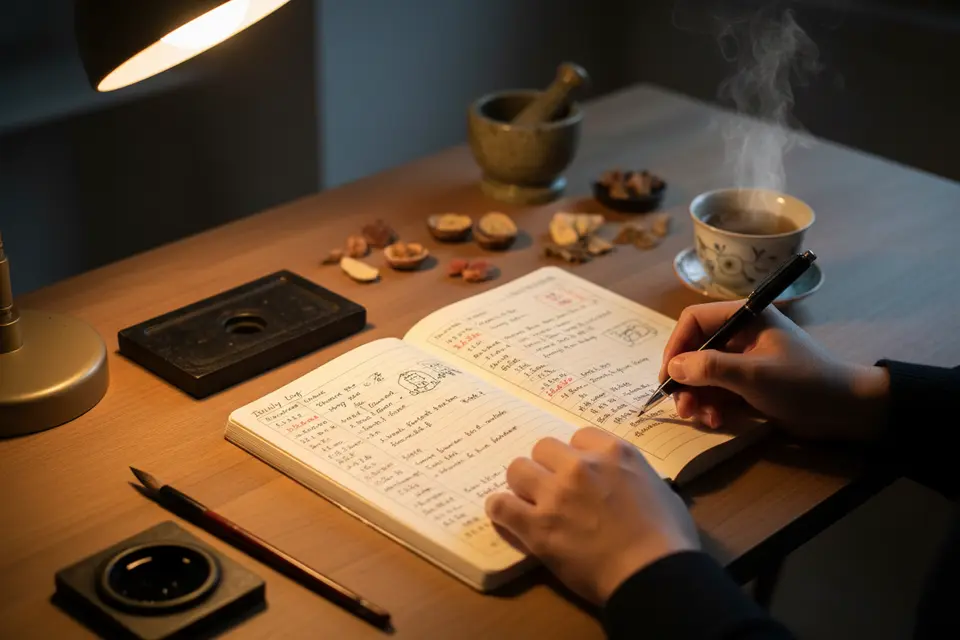桌燈下攤開一本筆記本,手握着筆,逐日記下睡眠、飲食與痕癢程度。