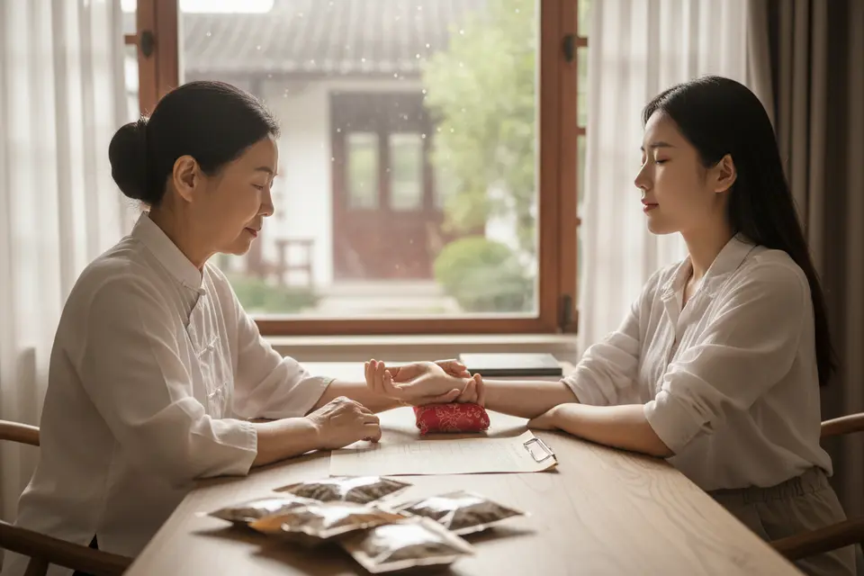 中醫師在診室裡為病人把脈,桌上擺著脈枕與幾包中藥材,兩人神情平和。