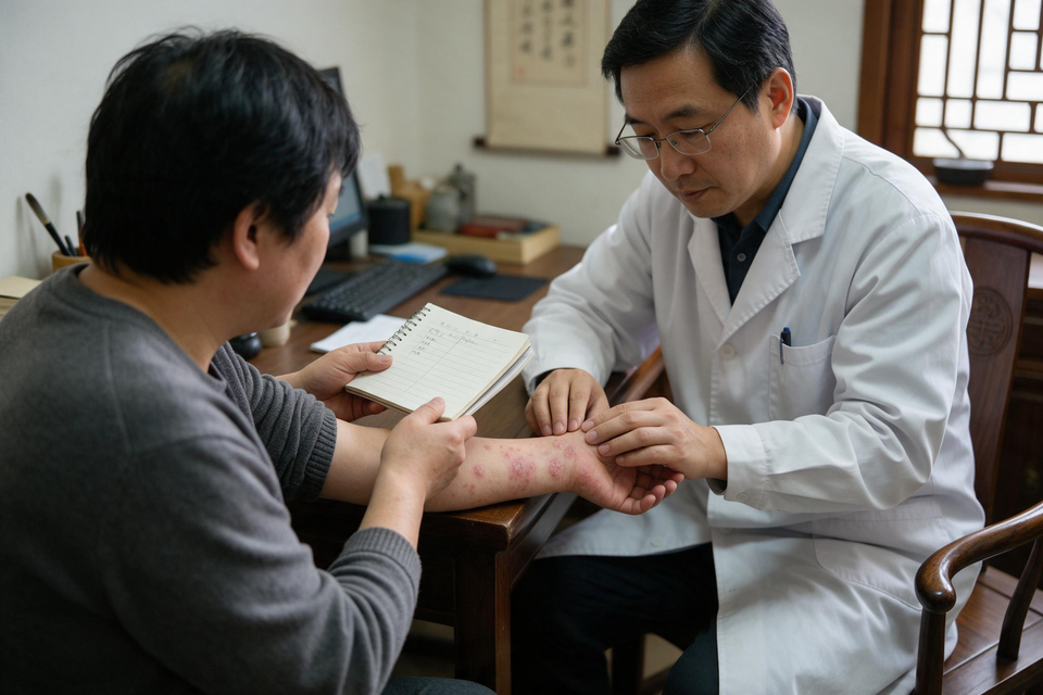 診室裡患者把筆記本遞給醫師,醫師低頭查看他的手臂皮膚。