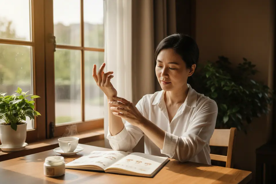 成年人坐在窗邊檢視手臂皮膚，桌上放著打開的筆記本，神情平靜。