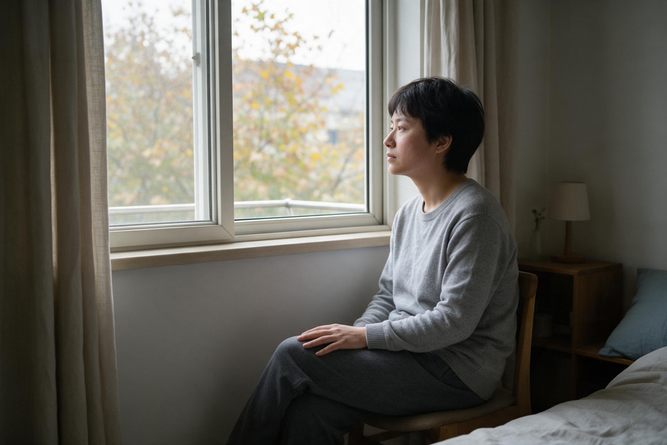 一個人坐在窗邊看著窗外微黃的樹葉，手輕放腿上，室內光線柔和。