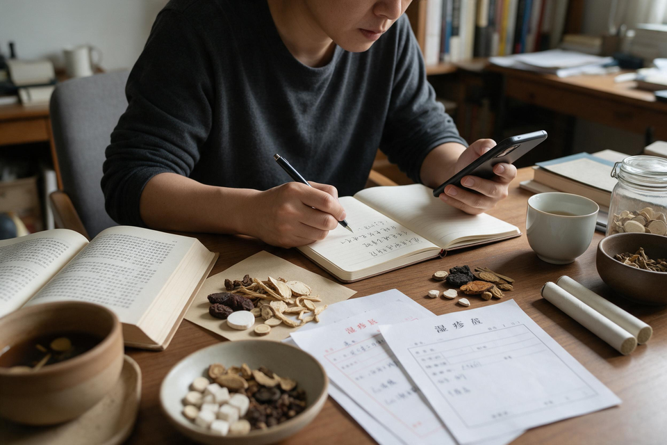 一個人坐在書桌前,一手拿手機核對資料,一手在筆記本上寫下問題。