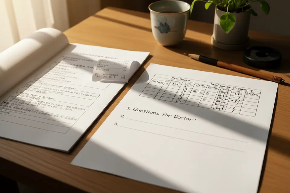 書桌前患者翻開舊覆診紀錄，動筆寫下痕癢與用藥的一頁摘要。