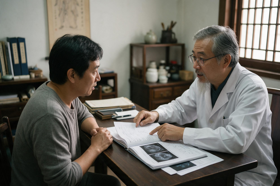 診間裡病人與中醫師討論病歷與報告，醫師指著其中一頁向病人說明。