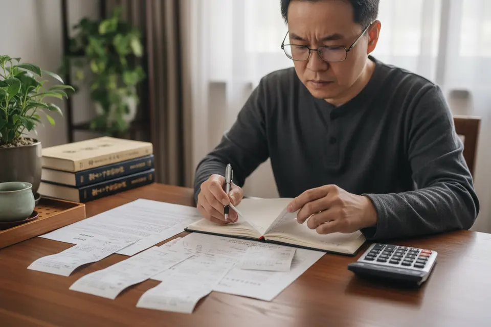 一個人坐在書桌前，把攤開的療程收據用筆分成兩疊，旁邊放著計算機。