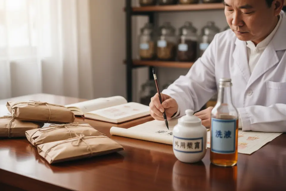 中醫師在診桌上開立處方，旁邊放著中藥材與外用藥膏。