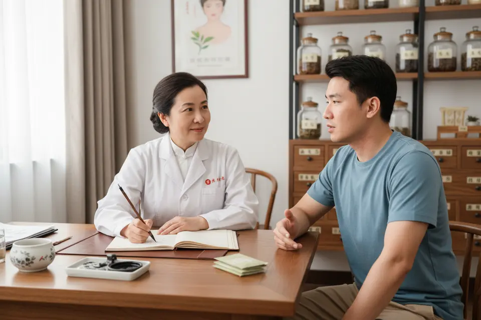 醫師坐在桌前一邊提問一邊書寫記錄,患者正回答自己的睡眠與飲食