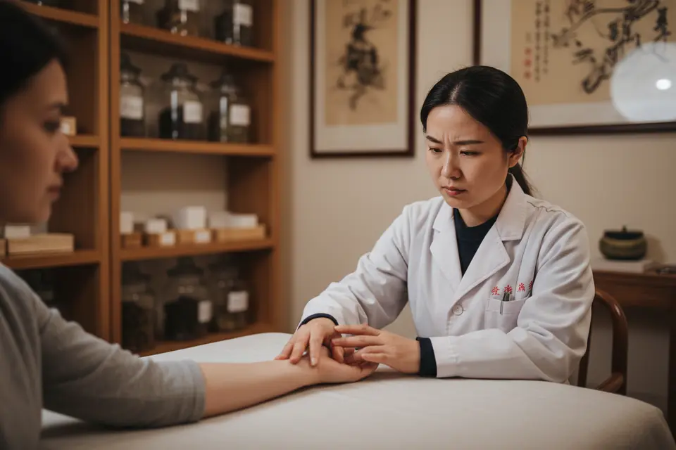 醫師以三指按在患者手腕寸口處把脈,患者手臂平放桌上