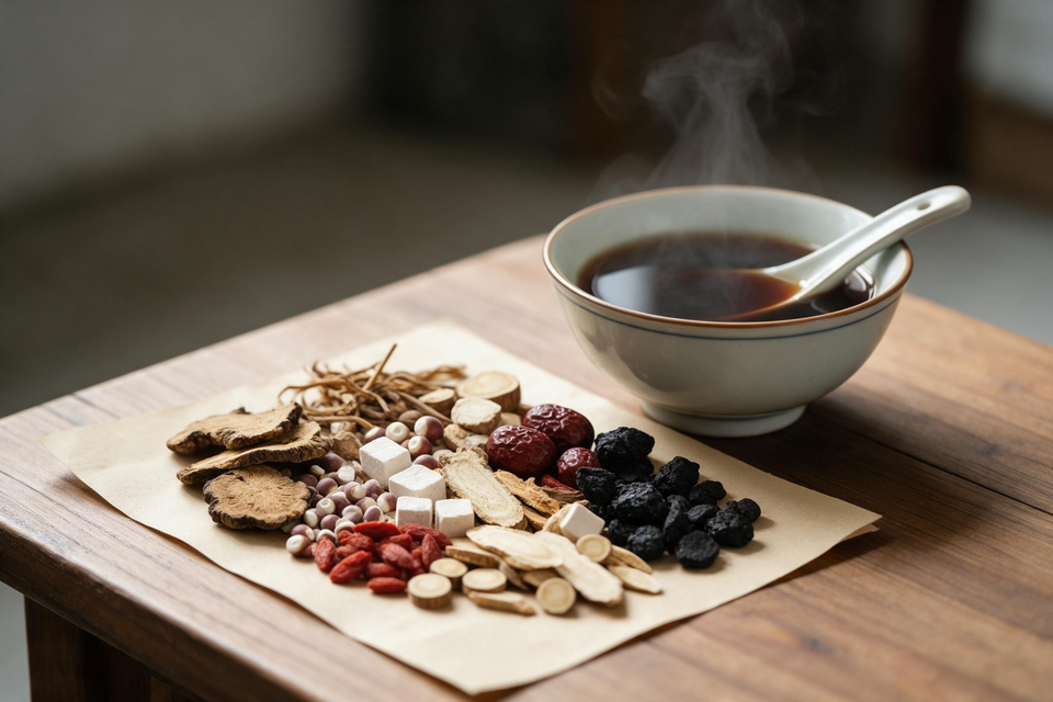 木桌上擺著數味中藥材與一碗熱藥湯,碗沿擱著湯匙,蒸氣上升。