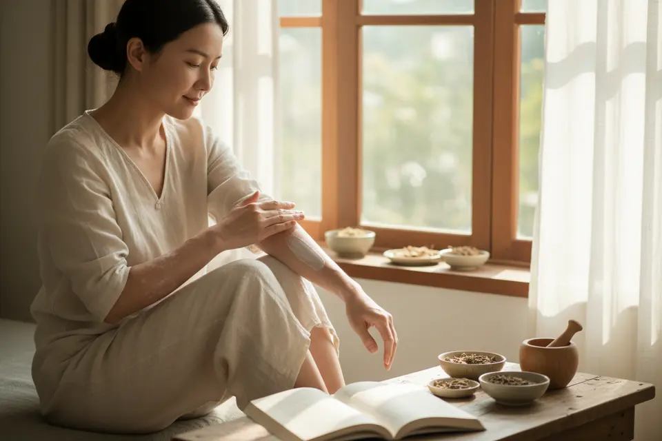 女士坐在窗邊為乾燥脫屑的手臂塗抹乳膏,陽光斜照入室。
